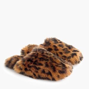 𝅺J. CREW Fuzzy Leopard Print Mule Slip-On Slippers Brown Black 7 8